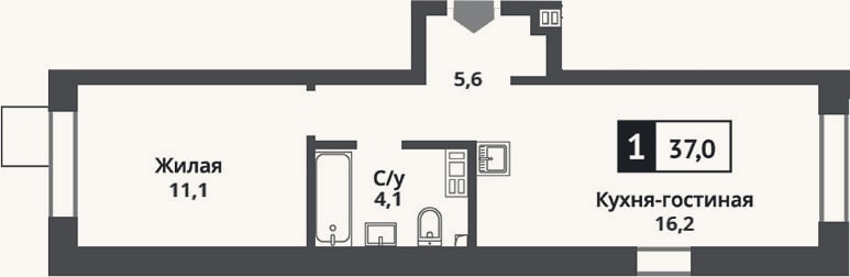 Планировка: 2-к, 37 м²