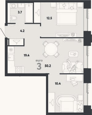 Планировка: 3-к, 50,2 м²