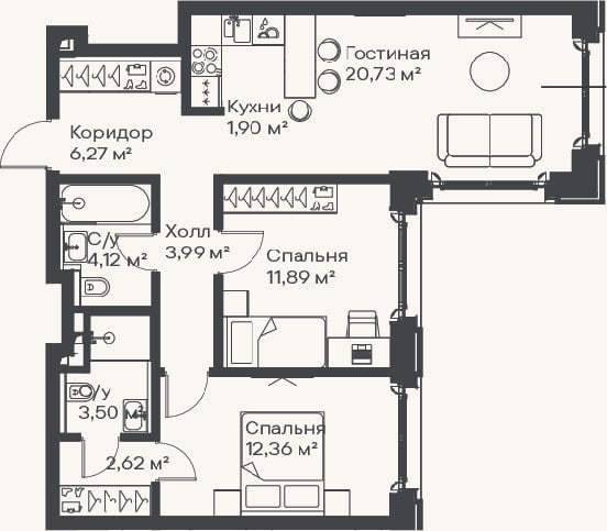 Планировка: 3-к, 67,4 м²