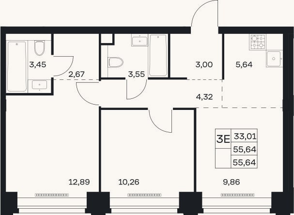 Планировка: 3-к, 55,6 м²