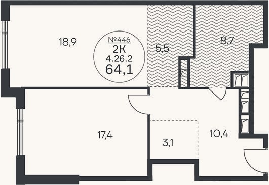 Планировка: 2-к, 64,1 м²
