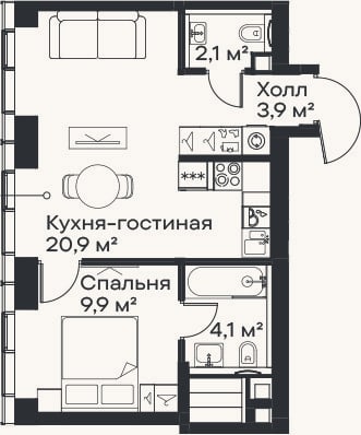 Планировка: 2-к, 40,9 м²