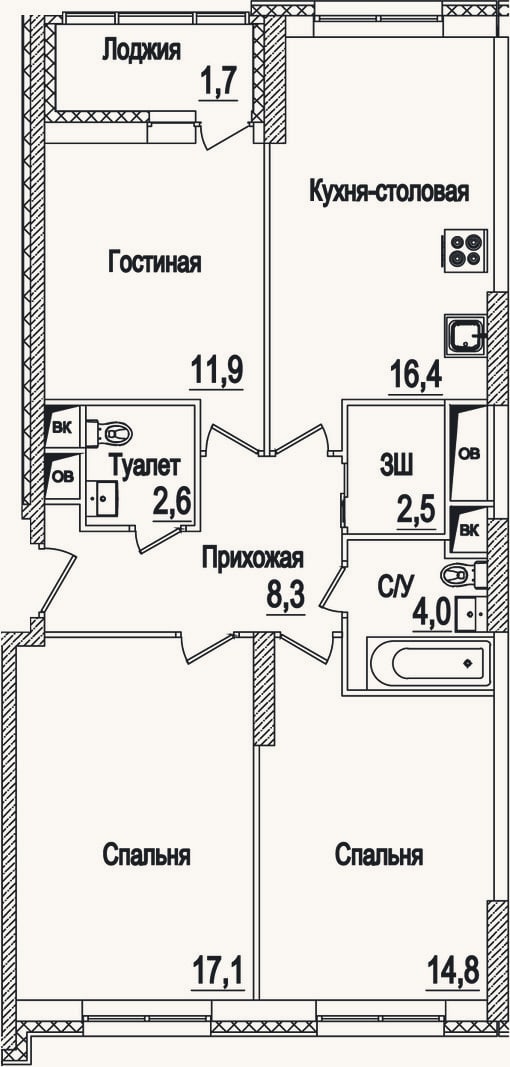 Планировка: 4+ к, 77,6 м²