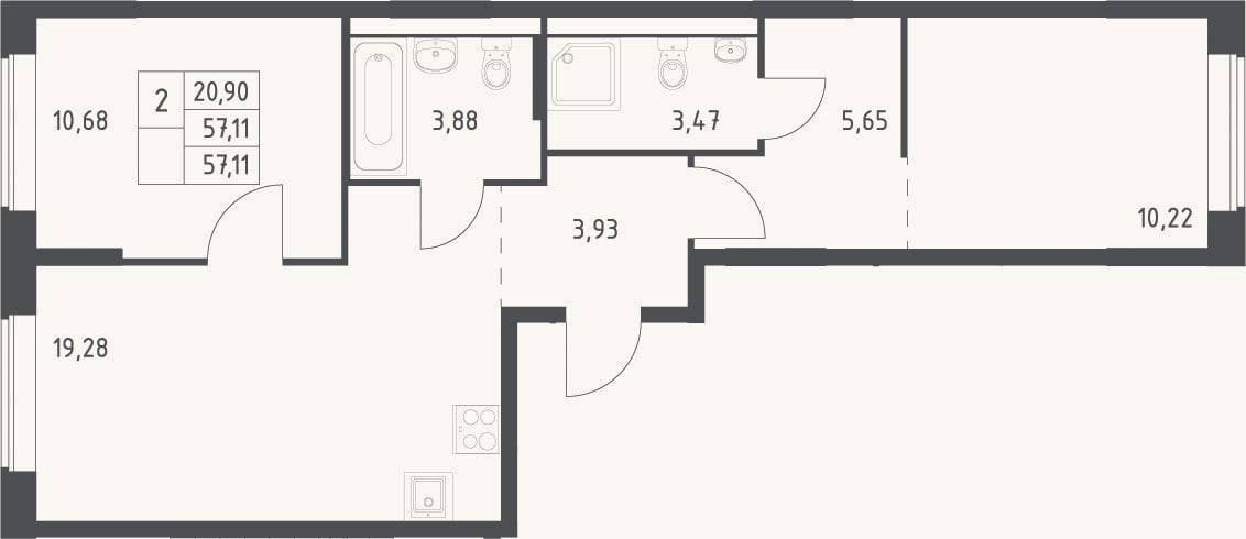 Планировка: 3-к, 57,1 м²