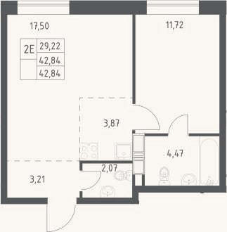 Планировка: 2-к, 42,8 м²