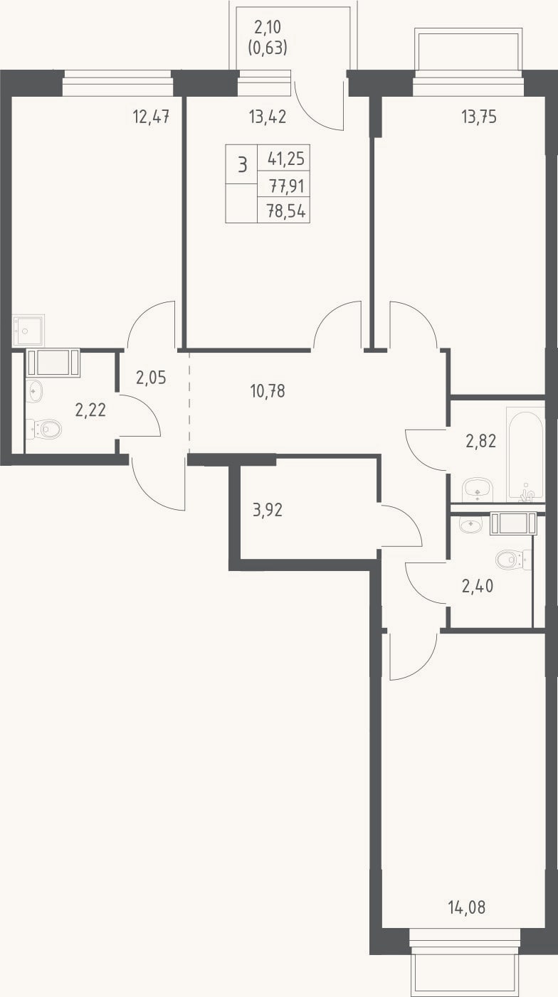 Планировка: 3-к, 77,9 м²