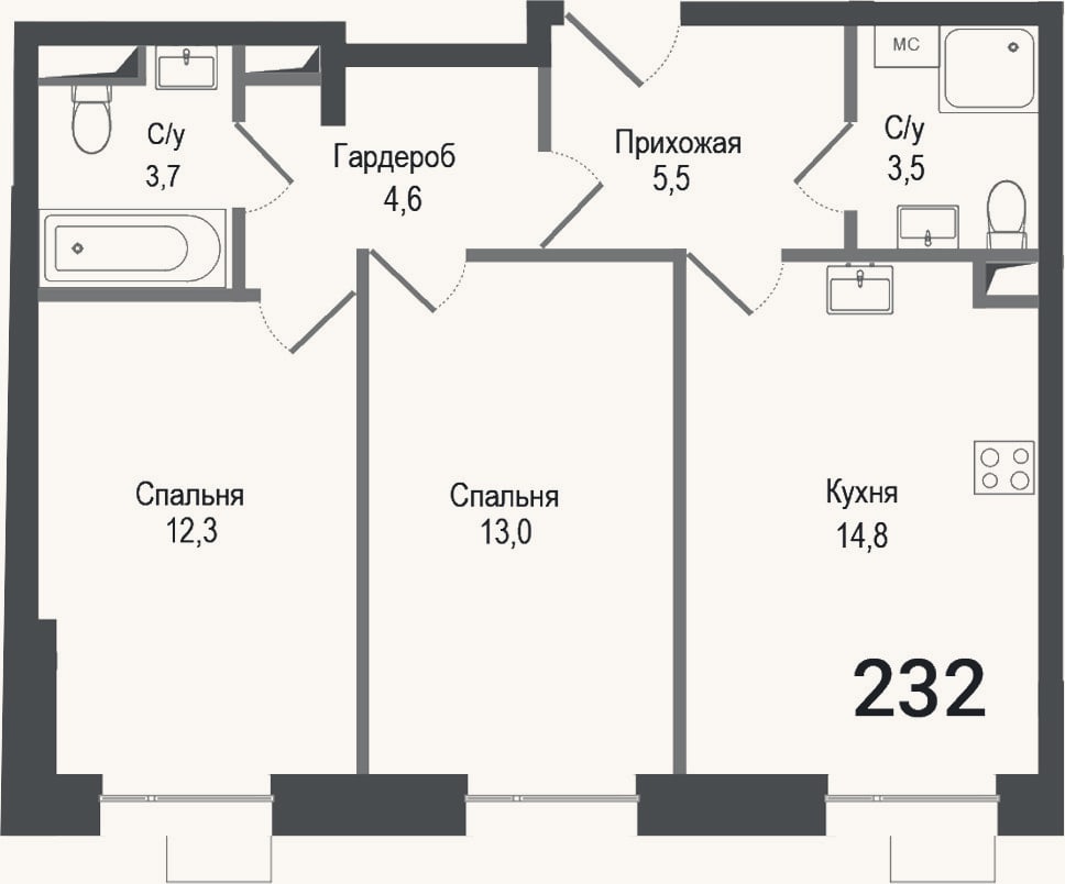 Планировка: 2-к, 57,4 м²