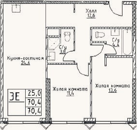 Планировка: 3-к, 70,4 м²