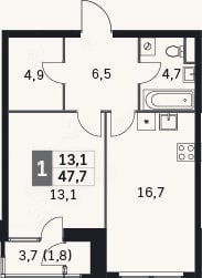 Планировка: 2-к, 44 м²