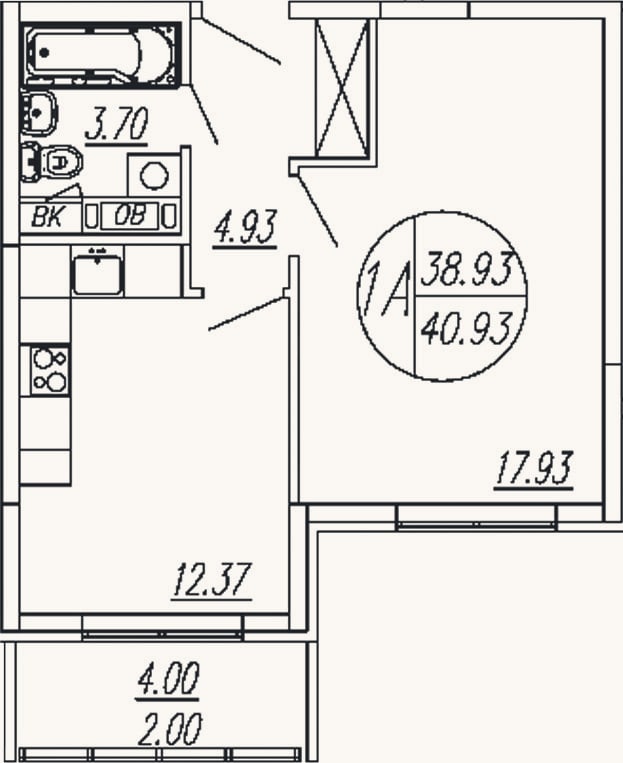Планировка: 1-к, 38,9 м²