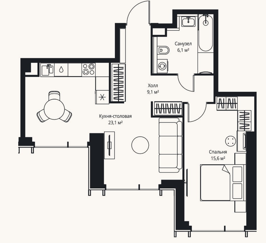 Планировка: 2-к, 53,9 м²