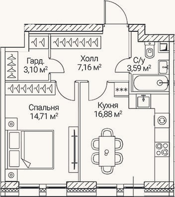 Планировка: 1-к, 45,4 м²