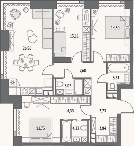 Планировка: 4+ к, 97,7 м²