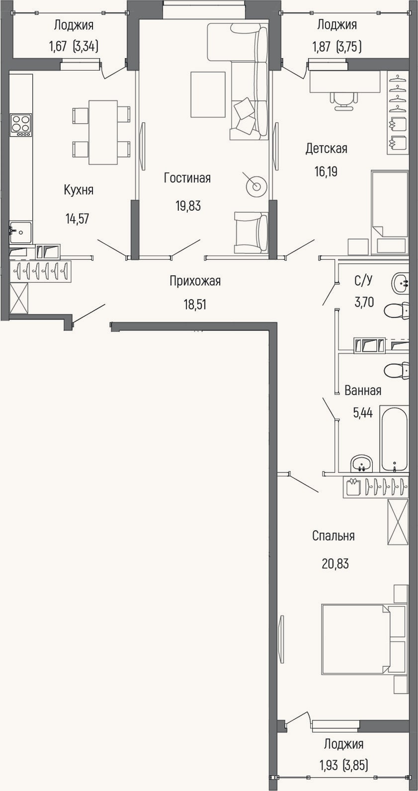 Планировка: 3-к, 99,1 м²