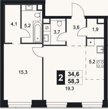Планировка: 2-к, 58,3 м²