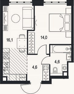 Планировка: 1-к, 39,3 м²