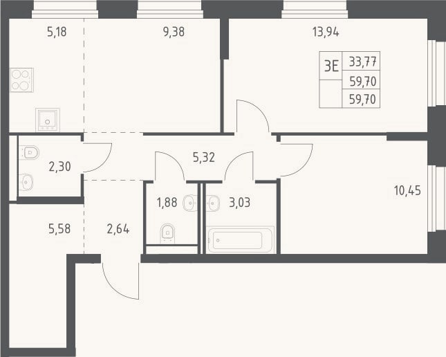 Планировка: 3-к, 59,7 м²