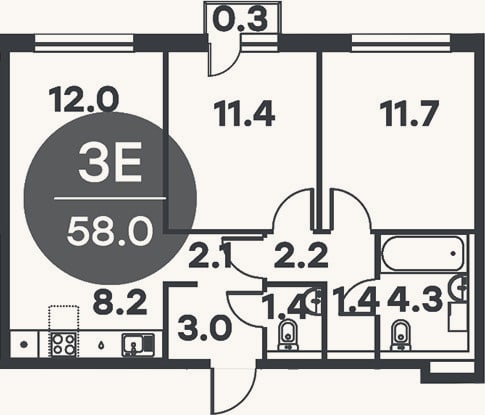 Планировка: 3-к, 57,7 м²