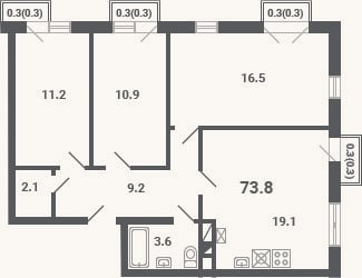 Планировка: 3-к, 72,6 м²