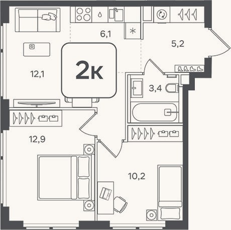 Планировка: 3-к, 49,9 м²