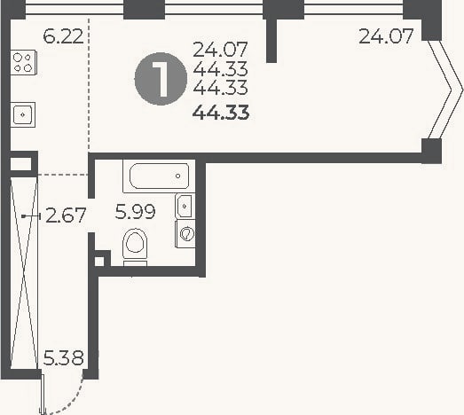 Планировка: Студия, 44,3 м²