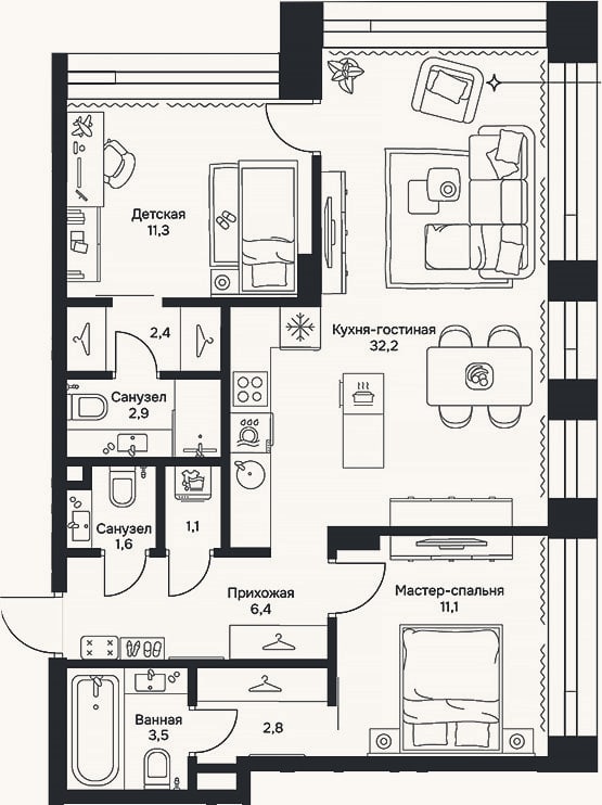 Планировка: 3-к, 75,3 м²