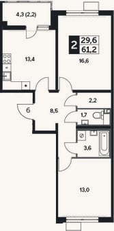 Планировка: 2-к, 59 м²