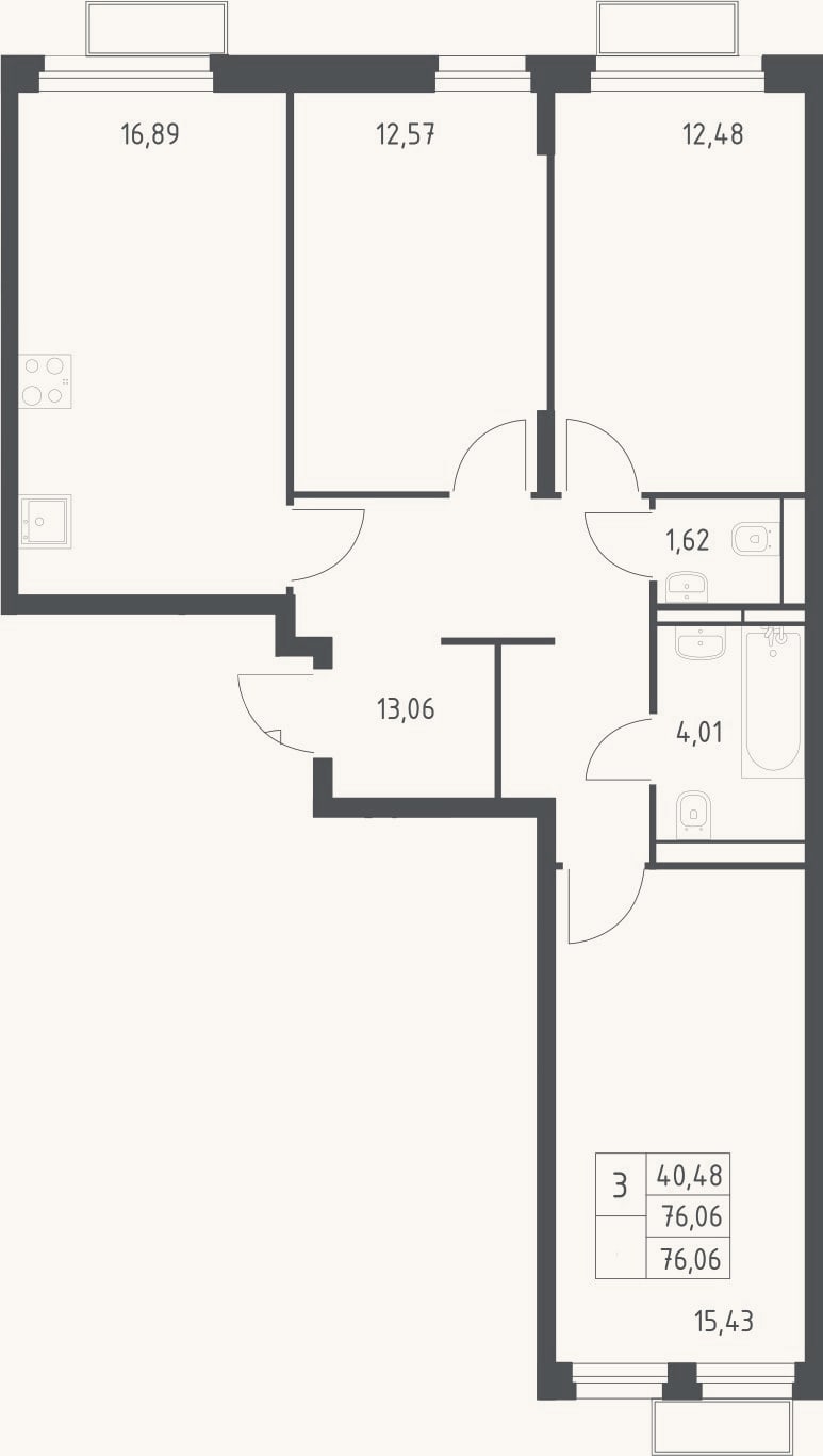 Планировка: 3-к, 76,1 м²