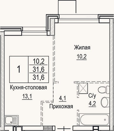 Планировка: 2-к, 31,6 м²