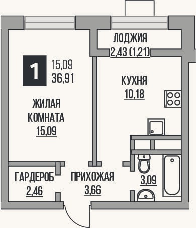 Планировка: 1-к, 34,5 м²
