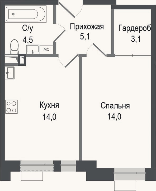 Планировка: 1-к, 40,7 м²