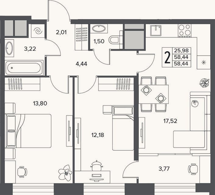 Планировка: 3-к, 58,4 м²