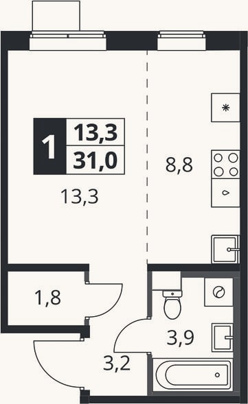 Планировка: Студия, 31 м²