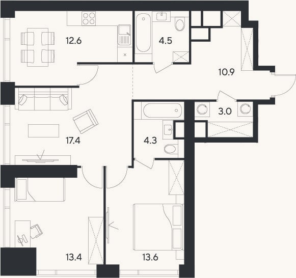 Планировка: 3-к, 79,7 м²