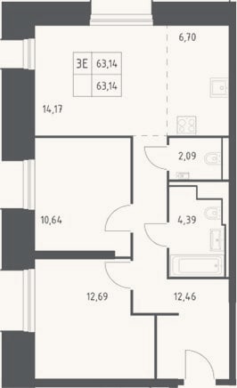Планировка: 3-к, 63,1 м²
