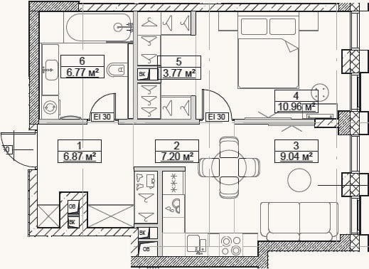 Планировка: 2-к, 44,6 м²