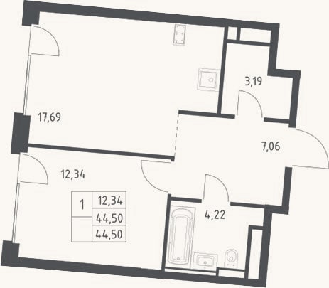 Планировка: 2-к, 44,5 м²
