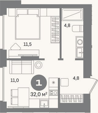 Планировка: 1-к, 32 м²