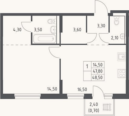 Планировка: 2-к, 47,8 м²