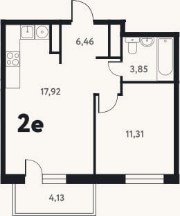 Планировка: 2-к, 39,6 м²