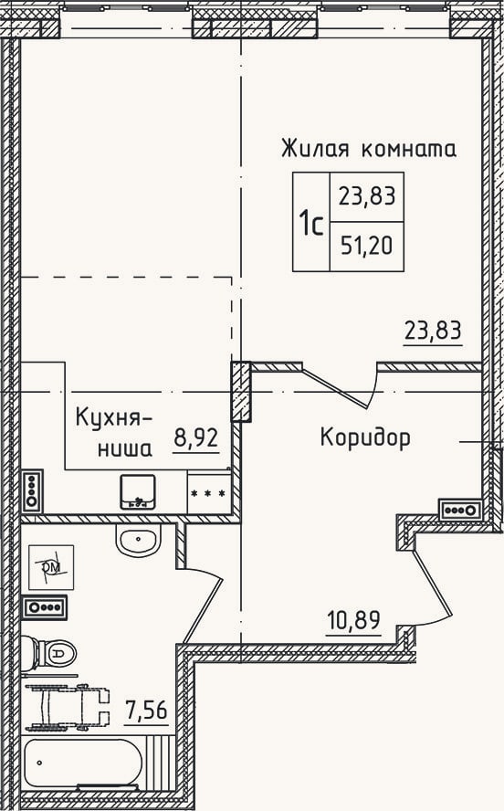 Планировка: Студия, 51,2 м²