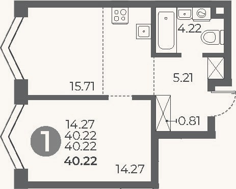 Планировка: 1-к, 40,2 м²