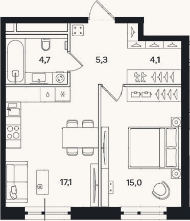 Планировка: 1-к, 46,2 м²