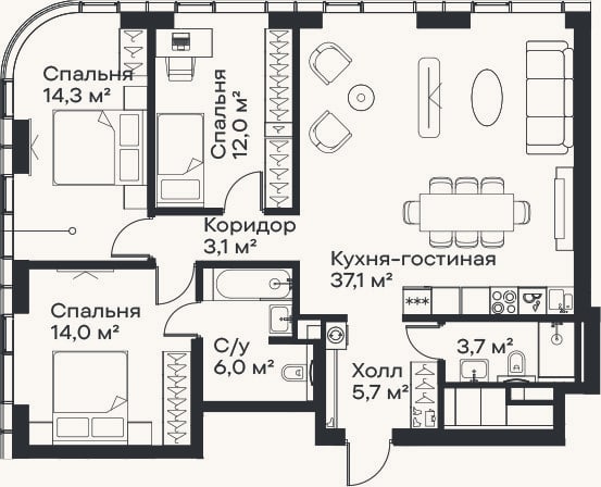 Планировка: 4+ к, 95,9 м²
