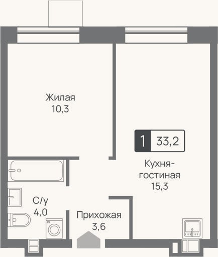 Планировка: 2-к, 33,2 м²