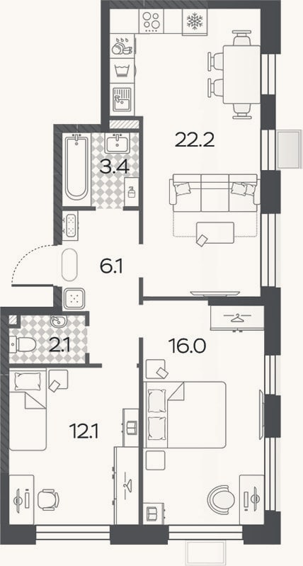 Планировка: 3-к, 61,9 м²