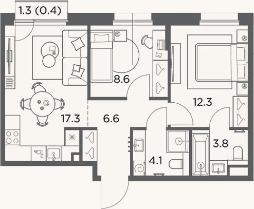 Планировка: 2-к, 52,7 м²