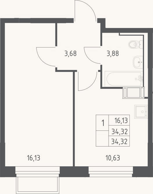 Планировка: 1-к, 34,3 м²