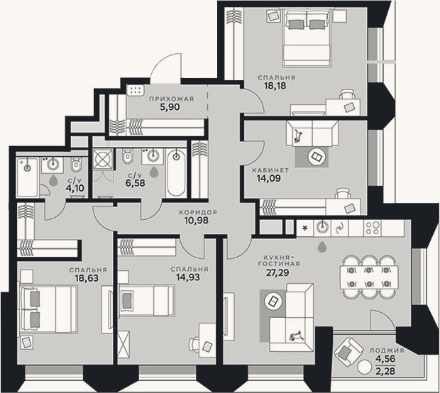 Планировка: 4+ к, 120,7 м²