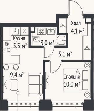 Планировка: 2-к, 34,9 м²